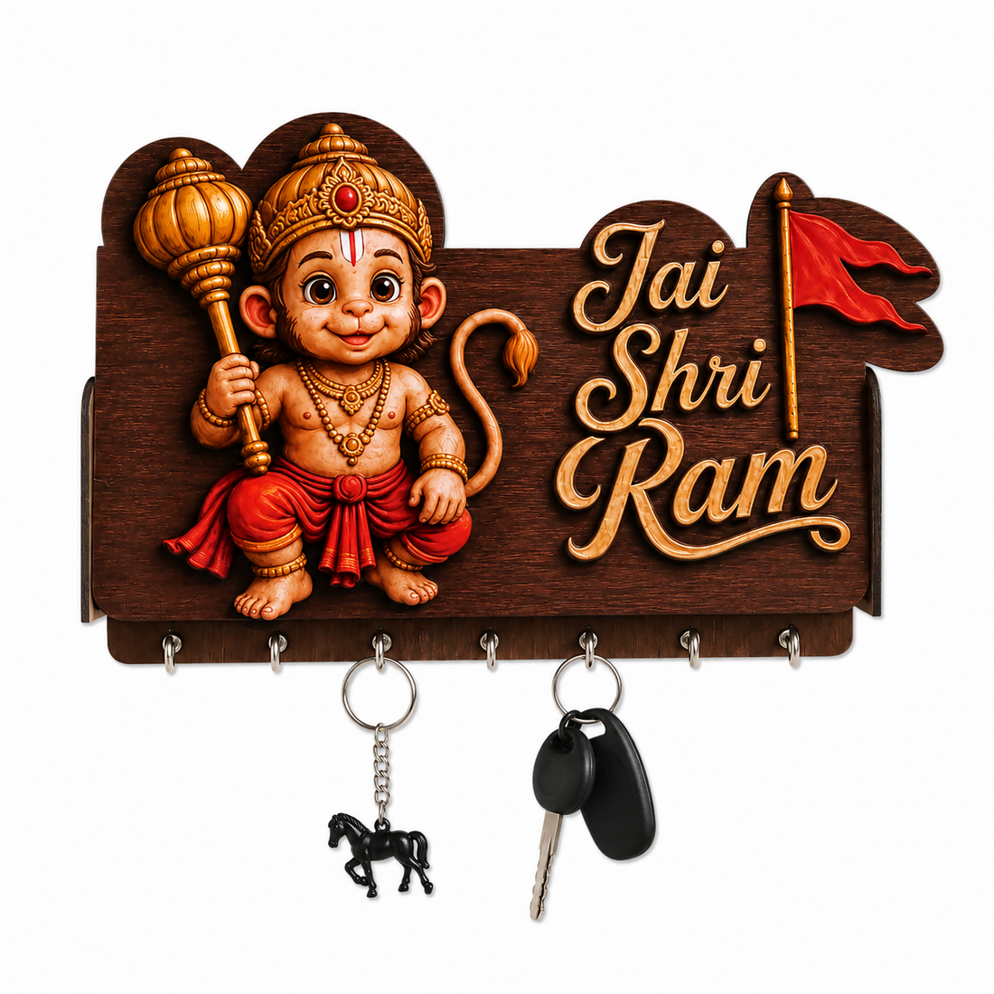 Jai Shri Ram Wooden Key Holder with Bal Hanuman